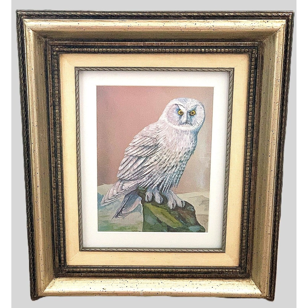 '77 White OWL Framed MCM Wall Art Metallic Foil Highlights w Signature 15x13 Vtg